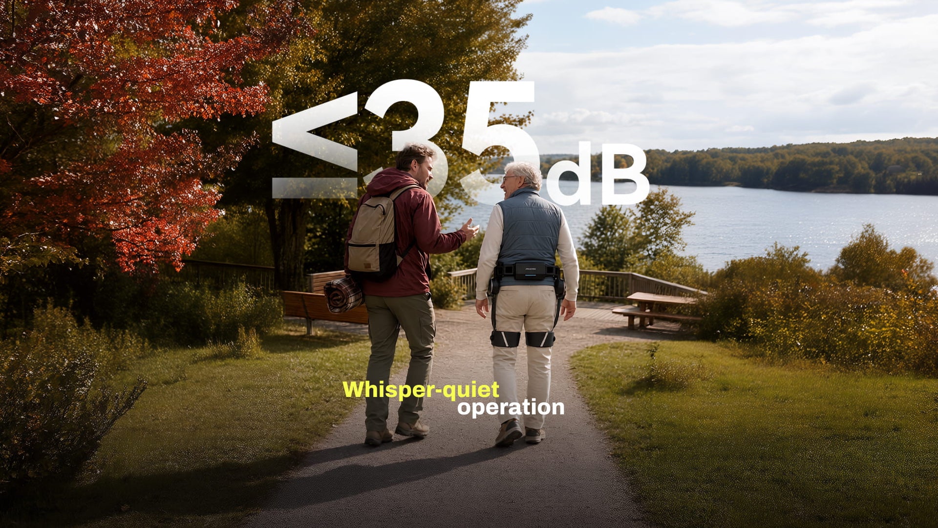 Two people walking along a park path near a lake, shown from behind. One person is wearing an Ascentiz exoskeleton that comes with whisper-quiet operation